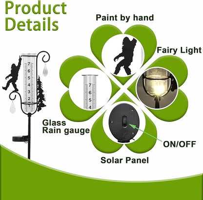 J-Fly Solar Light Rain Gauge, Black Metal Sasquatch Design with Glass Tube, 7 Inch Decorative Garden Stake for Outdoor Weather Measurement, Yard Decor
