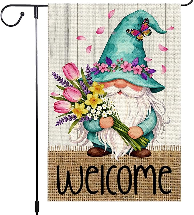 Welcome Garden Flag 12x18 Inch Double Sided with Spring Gnome, Butterfly, Tulips, Daffodils, and Floral Bouquet for Outdoor Yard Decoration