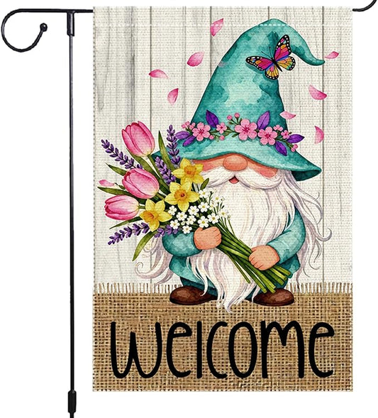 Welcome Garden Flag 12x18 Inch Double Sided with Spring Gnome, Butterfly, Tulips, Daffodils, and Floral Bouquet for Outdoor Yard Decoration