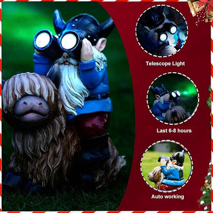 Joint Honglin Garden Gnome Statues Resin Gnome Sitting on Highland Cow Solar LED Lights Outdoor Telescope Gnome Decorations