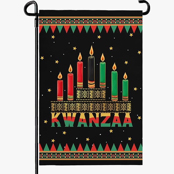 Kwanzaa Garden Flag Double Sided Polyester Yard Banner with Kinara and Red Black Green Candles Holiday Outdoor Flags for African American Heritage Celebration Décor 12x18 Inch