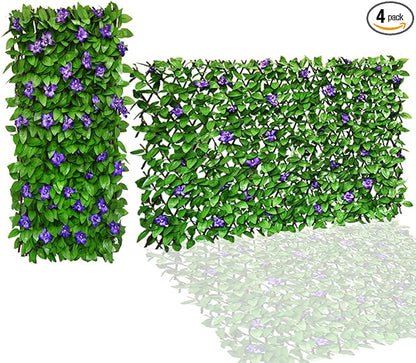 Expandable Fence Privacy Screen for Balcony Patio Outdoor,Decorative Faux Ivy Fencing Panel,Artificial Hedges (4, Purple Flower)