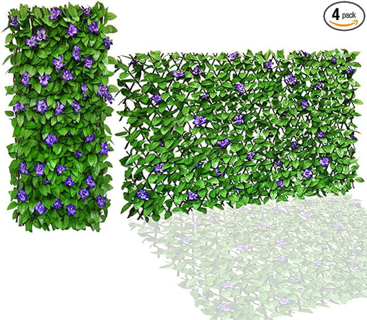 Expandable Fence Privacy Screen for Balcony Patio Outdoor,Decorative Faux Ivy Fencing Panel,Artificial Hedges (4, Purple Flower)