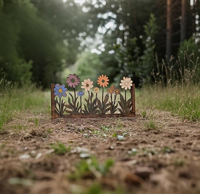 Rusty Metal Wild Flowers Garden Stakes 11.82 x 8.47 inches, Decorative Flowers Yard Stake Metal Art for Outdoor Garden Lawn Decor (Flower-A)