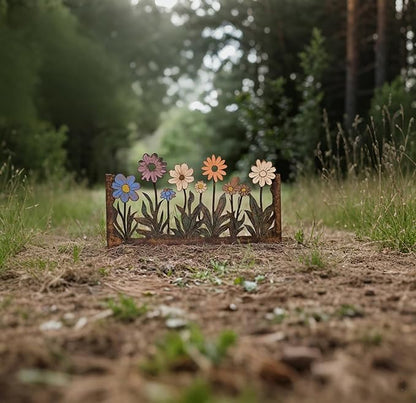 Rusty Metal Wild Flowers Garden Stakes 11.82 x 8.47 inches, Decorative Flowers Yard Stake Metal Art for Outdoor Garden Lawn Decor (Flower-A)