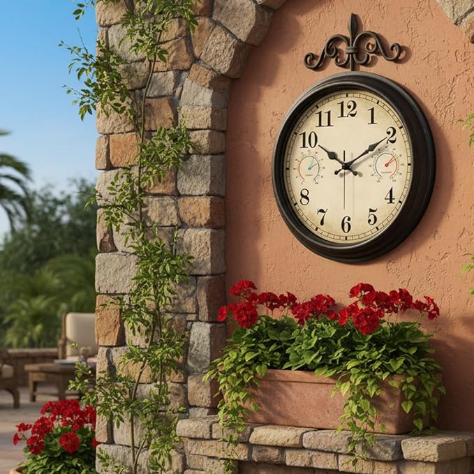 16 Inch Large Outdoor Clock with Thermometer and Hygrometer Combo, Waterproof Indoor Outdoor Wall Clocks for Patio, Pool, Garden, Backyard Decor- Retro Bronze