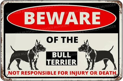 Beware Of The Dog Bull Terrier Sign Aluminum Metal Tin Signs Outdoor Yard Sign Warning Sign For Fence Yard Home Kitchen Farm Garden Wall Decor 8x12 Inch