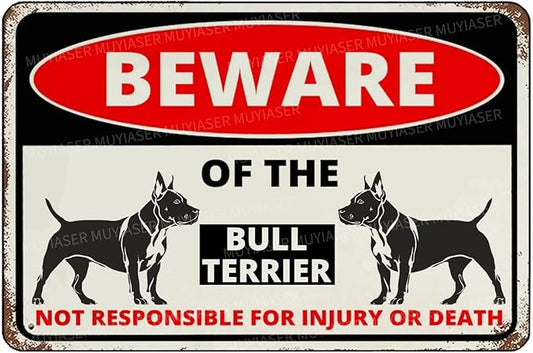 Beware Of The Dog Bull Terrier Sign Aluminum Metal Tin Signs Outdoor Yard Sign Warning Sign For Fence Yard Home Kitchen Farm Garden Wall Decor 8x12 Inch
