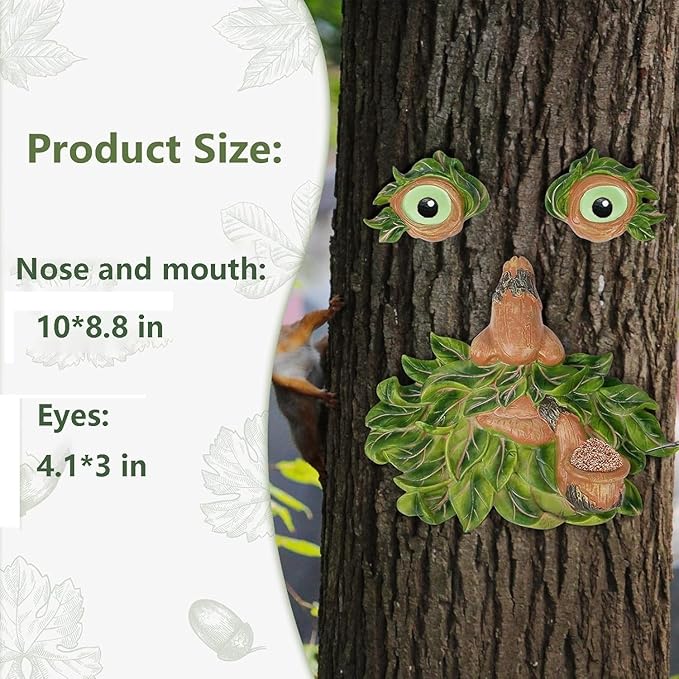 vomiceak Large Tree Face Decor Outdoor - 12 Inch Bird Feeder, Unique Old Man Tree Face Hugger Statues - Glow Eyes in Dark, Funny Garden Patio Art Statue Decor