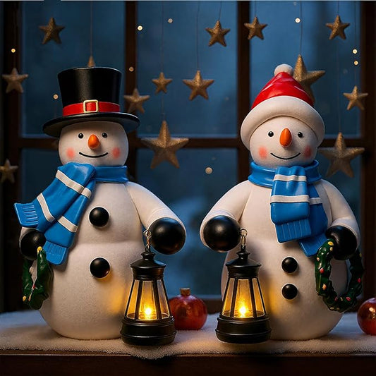 Suzile 2 Pack Solar Snowman Statue Winter Decoration 9.4 Inch Resin Garden Winter Statue with Lantern Lights Outside Snowman Figurine for Pathway Courtyard Lawn Patio Porch Indoor Home Decor