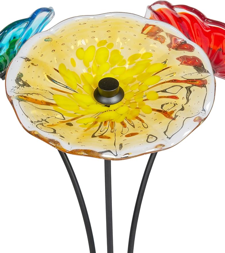 Dale Tiffany AS23098 Fiore Bloom Hand Blown Glass Flower Art Glass Sculpture with Metal Stand for Indoor Garden Patio Decoration, Multi Color, 3-Plate 22" Tall