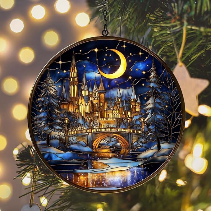 The City of Magic Acrylic Suncatcher Stained Glass Effect Window Car Hanging Christmas Ornament Indoor Outdoor Decor Garden Sun Catcher Panel for Acrylic Suncatcher Lover for Women Mom Grandma