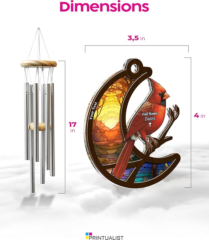 Personalized Sympathy Suncatcher Wind Chimes for Loss of Loved One, 17 Inches, Cardinal Bird - Add Custom Text - Metal Tubes and Suncatcher