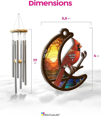 Personalized Sympathy Suncatcher Wind Chimes for Loss of Loved One, 17 Inches, Cardinal Bird - Add Custom Text - Metal Tubes and Suncatcher
