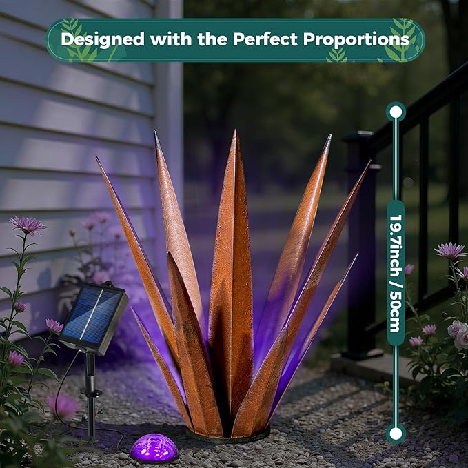 Solar Metal Agave Plant Garden Statue, Hand Painted Tequila Rustic Sculpture Outdoor Decor for Yard Patio Porch Lawn Courtyard Pond or Indoor Balcony Display