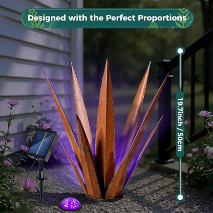Solar Metal Agave Plant Garden Statue, Hand Painted Tequila Rustic Sculpture Outdoor Decor for Yard Patio Porch Lawn Courtyard Pond or Indoor Balcony Display