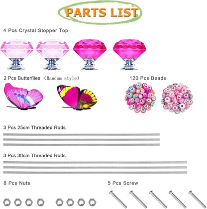 145 PCS Beaded Garden Stakes Kit, DIY Fairy Wand Garden Stake Beads Kits with Assortment Large Hole Beads 4 Crystal Stopper Top 2 Colored Butterfly Tops and Threaded Rods for Outdoor Indoor Decor