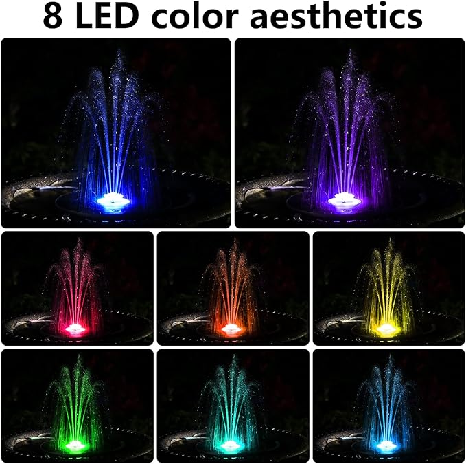 AISITIN Solar Fountain with Lights & 3000mAh Battery, 5.5W Solar Powered Water Pump with 8 Nozzles, 2026 Upgraded LED Solar Fountain Pump for Bird Bath, Garden, Pond, Patio, Fish Tank, Outdoor