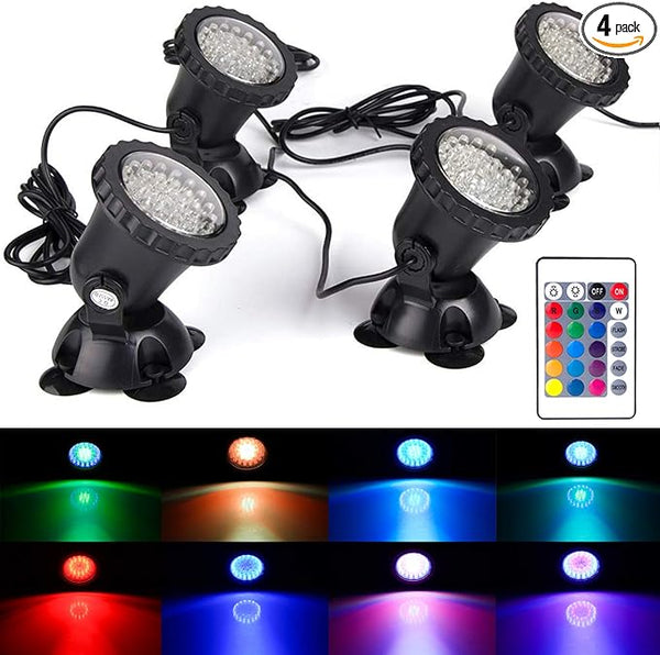 Pond Lights, RGB Outdoor LED Fountain Lights Underwater Landscape Spot Lights IP68 Waterproof Dimmable Memory for Garden Yard Lawn Waterfall (4 Lights)