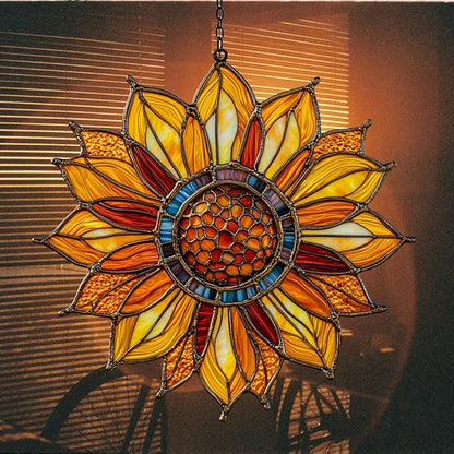 Sunflower Faux Tiffany Acrylic Suncatcher Stained Glass Effect Window Car Hanging Christmas Ornament Indoor Outdoor Decor Garden Sun Catcher Panel for Sunflower Lover for Women Mom Grandma