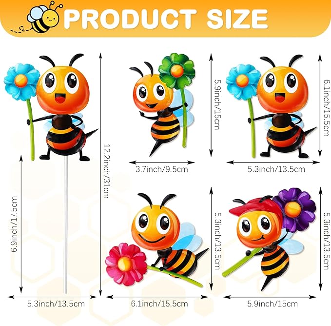 4 PCS Metal Bee Garden Stakes Decorative, ULENDIS Colorful 12.2 Inches Outdoor Bee Garden Decor stakes, Vivid Bee Yard Art Ornaments for Lawn Porch Pathway Patio Plant Pot Flower Bed