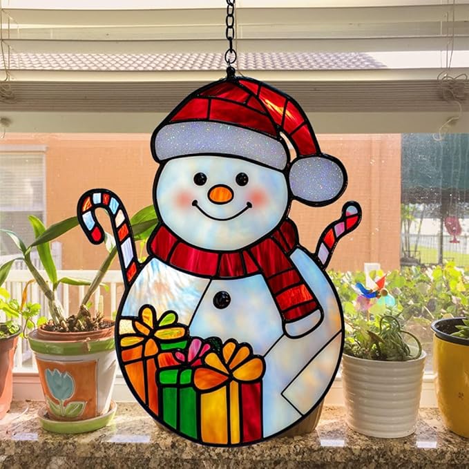 Cute Snowman Acrylic Suncatcher Stained Glass Effect Window Car Hanging Christmas Ornament Indoor Outdoor Decor Garden Sun Catcher Panel for Christmas Lover for Women Mom Grandma