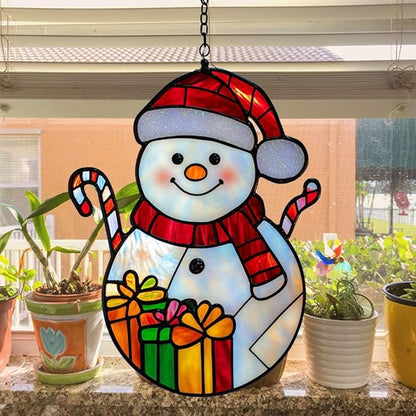 Cute Snowman Acrylic Suncatcher Stained Glass Effect Window Car Hanging Christmas Ornament Indoor Outdoor Decor Garden Sun Catcher Panel for Christmas Lover for Women Mom Grandma