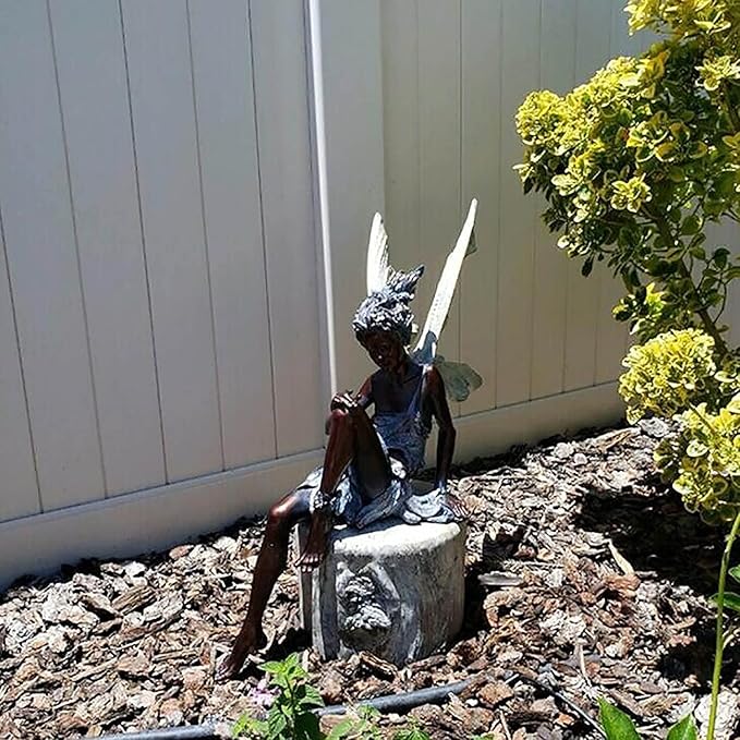 Garden Resin Figure, Angel Statue, Garden Sculptures, Flower Statue, Garden Statue, Outdoor Decoration Exquisite Statuary for Backyard, Balcony, Lawn, 7.1 x 3.1 x 5.9 in, Color Black