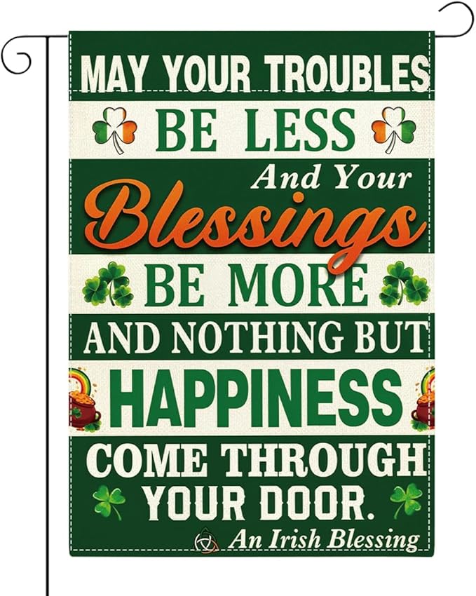 St Patricks Day Irish Blessing Garden Flag Lucky Shamrock Irish March Garden Flag Happy St Patricks Day Double Sided Outdoor House Flag for Outside Yard Decorations 12×18 Inch