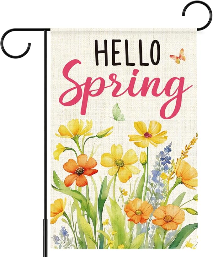Hello Spring Garden Flag for Outside,Yellow Floral Garden Flag,Spring Flowers Yard Lawn Porch Flags for Outdoor Decorations 12x18 Inch Double Sided