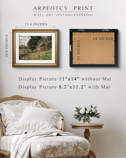 ARPEOTCY Vintage Gold Framed Wall Art, 13x16 inch Cottage at a Creek Landscape Paintings, Vintage Room Decor, Canvas Prints Antique Pictures Frame Home Wall Decor for Living Room Bedroom