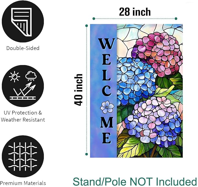 Hydrangea Spring Summer House Flag 28 x 40 Double Sided for Outside Stained Glass Flower Garden Decor Blue Floral Welcome Outdoor Yard Banner