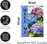 Hydrangea Spring Summer House Flag 28 x 40 Double Sided for Outside Stained Glass Flower Garden Decor Blue Floral Welcome Outdoor Yard Banner