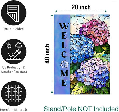Hydrangea Spring Summer House Flag 28 x 40 Double Sided for Outside Stained Glass Flower Garden Decor Blue Floral Welcome Outdoor Yard Banner