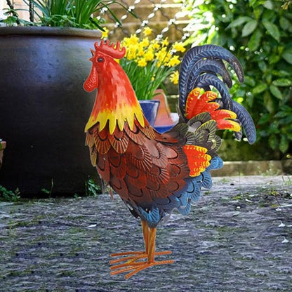 Iron Rooster Garden Statue Animal Figurine Decoration Lawn Ornament Chicken Sculpture for Entrance Plant Pot Farm Fence Porch
