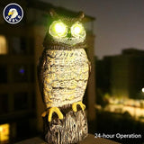 Solar Powered Owl with Motion Detection, Silent Mode, Flashing Eyes, Rotatable Head and Realistic Hoots, Plastic Owl Decoration for Home, Garden, Patio and Fence