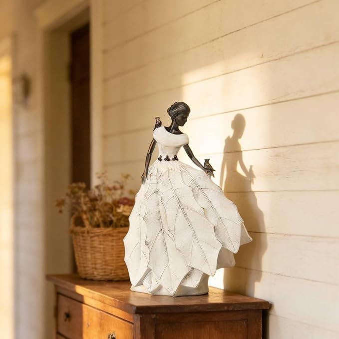 DiliComing Fairy Garden Accessories Outdoor Statue - 14.5 Inch Table Decor for Living Room Garden Maiden Bookshelf Decor Xmas Resin Holly Leaves Maiden White Statue