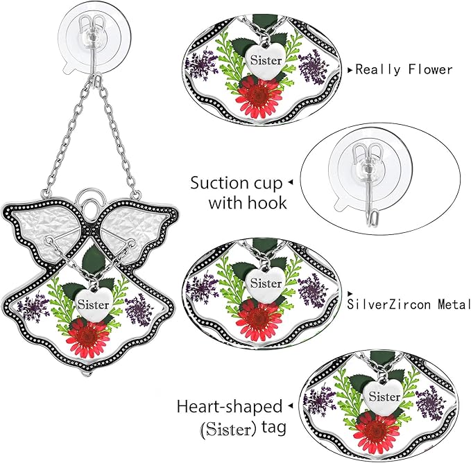KY&BOSAM Angel Suncatcher Sister Stained Glass Suncatchers for Windows Hangings Wind Chime with Pressed Drived Flower and Metal Charm Birthdays Gifts for Sister Mothers Day Valentine's Christmas Decor