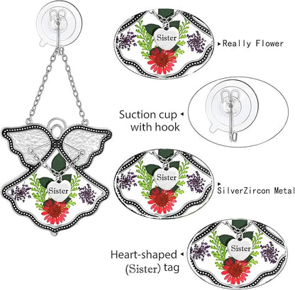 KY&BOSAM Angel Suncatcher Sister Stained Glass Suncatchers for Windows Hangings Wind Chime with Pressed Drived Flower and Metal Charm Birthdays Gifts for Sister Mothers Day Valentine's Christmas Decor