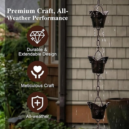 DUSVALLY 8.5FT Metal Butterfly Rain Chain, Functional and Decorative Replacement for Gutter Downspouts, Divert Water and Home Display, Adjustable Length, 12 Cups, Black