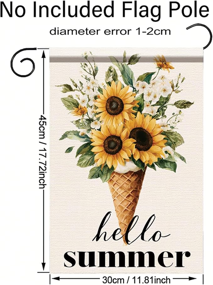 Hello Summer Garden Flag Sunflower Ice Cream Floral Outdoor Yard Porch Lawn Garden Decor for Rustic Farmhouse Cottage Patio Seasonal Summer Home Display