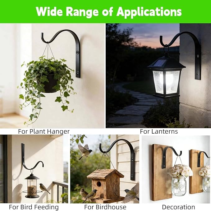 4 Pack Black Iron Wall Hooks for Hanging Plant Lanterns, Plant Hanger Fence Metal Bracket for Bird Feeders, Wind Chimes, Mason Jar Sconces, Light Outdoor Indoor Rustic Home Decor, 4 x 3 Inch