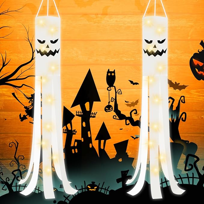 JXTON 2pcs 70inch Halloween Ghost Windsocks Flag with Lights Halloween Outdoor Hanging Decor for Yard Patio Garden Pathway Party Decoration