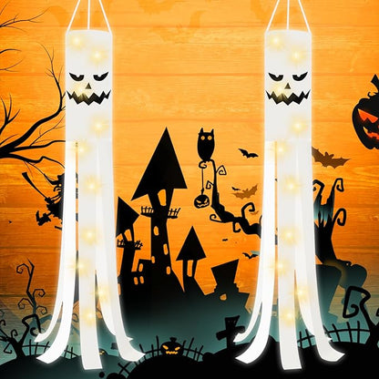 JXTON 2pcs 70inch Halloween Ghost Windsocks Flag with Lights Halloween Outdoor Hanging Decor for Yard Patio Garden Pathway Party Decoration