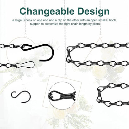 6PCS Hanging Chains with S Hooks, 24.2IN Long Chains with Clips, Adjustable Black Metal Chains Hanger for Plant, Sign, Bird Feeder, Wind Chime