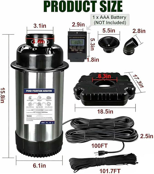 Pond Fountain Aerator,Pond Fountain, 1 HP with Dynamic LED RGB Lighting, Adjustable Modes, Digital Timer | 15,000 GPH, 750W 110V, 100FT Cord - for Large Ponds, Lakes & Outdoor Water Features