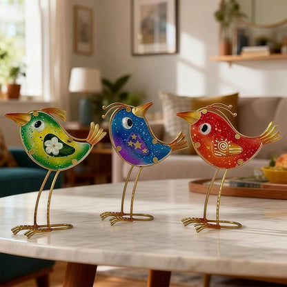 HONGLAND Garden Decor, Set of 3 Funny Metal & Glass Bird Statues for Indoor Outdoor, Colorful Yard Art with Hand-Painted Glass, Gift for Home Garden Decorations