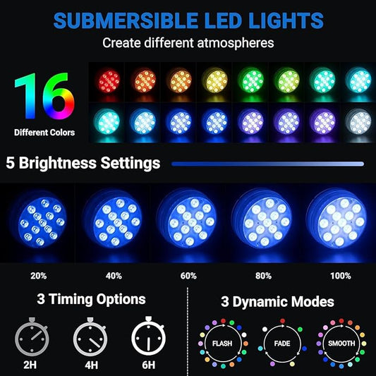 LOFTEK Submersible LED Lights with Remote, 13 LED Pool Lights for Inground Above Ground Pool with Magnets &Suction Cups,16 Color Changing Underwater Light for Ponds Battery Operated, 10 Pack