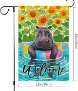 Sunflowers Garden Flag Swimming hippo Welcome Summer Garden Flags Vertical Double Sided Small Burlap Enjoy a Holiday Lawn Yard Outdoor Decorations