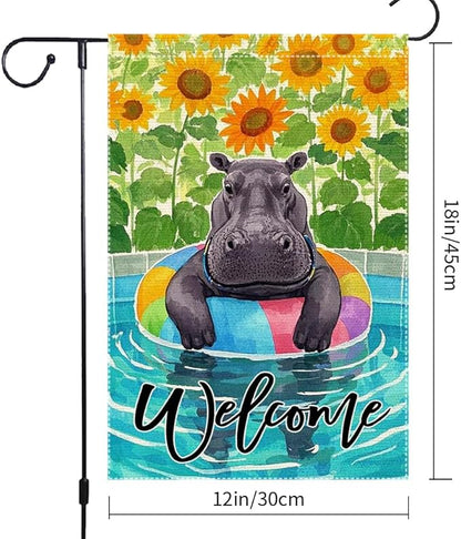 Sunflowers Garden Flag Swimming hippo Welcome Summer Garden Flags Vertical Double Sided Small Burlap Enjoy a Holiday Lawn Yard Outdoor Decorations